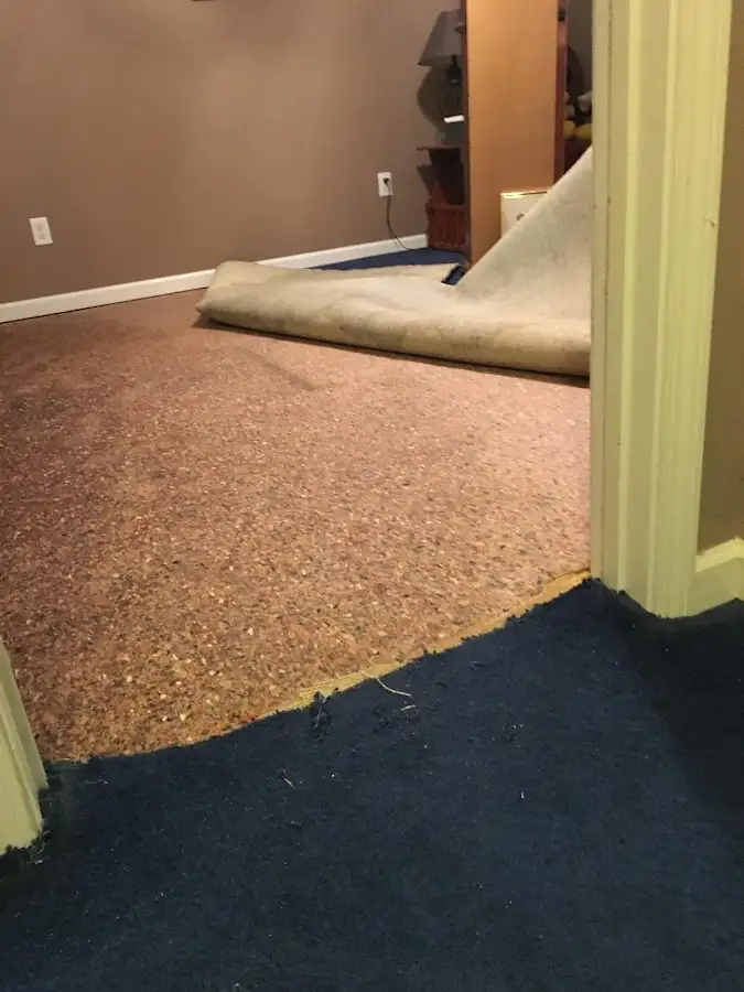 Carpet pad removal revealing water damage during Water Mitigation Services in Little Elm